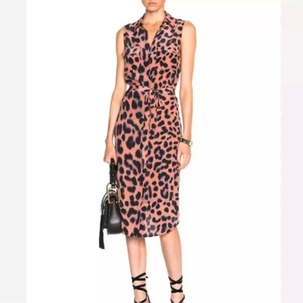 Equipment Femme Tegan Leopard Print Silk Sleeveless Midi Shirt Dress Size XS